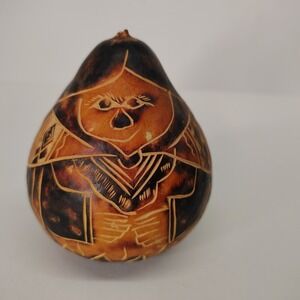 Hand Carved Gourd Folk Art Figurine Tribal Face 4" Tall Shaker Decor